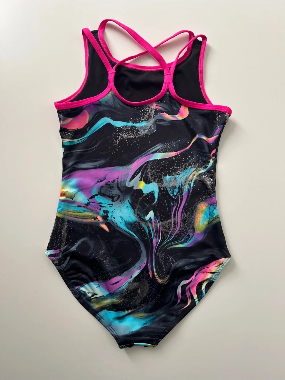Justice Dance Gym Leotard Girls M 10 Black Neon Marble Gymnastics Dance
